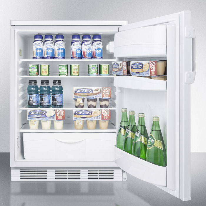 ADA compliant commercial all-refrigerator for freestanding general purpose use, with lock, automatic defrost operation and white exterior